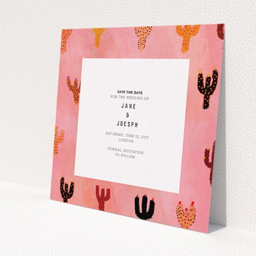 A wedding save the date template titled 'Albuquerque'. It is a square (148mm x 148mm) save the date in a square orientation. 'Albuquerque' is available as a flat save the date, with tones of pink, orange and brown.