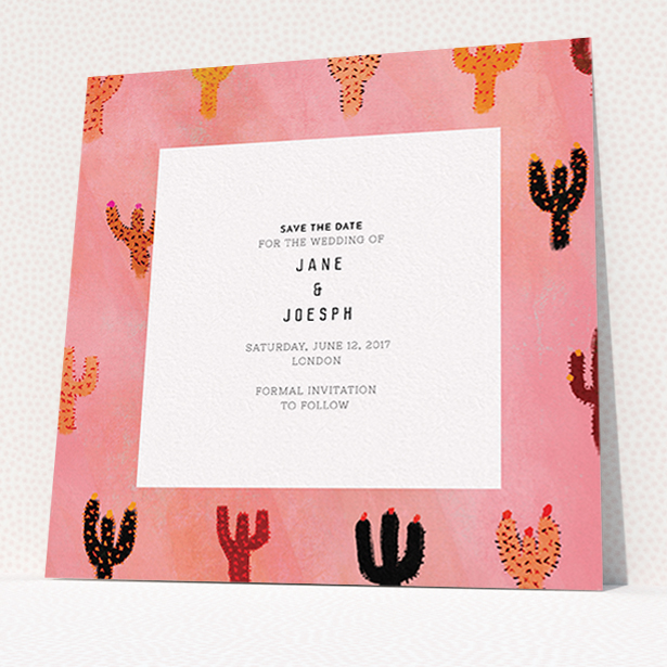 A wedding save the date template titled "Albuquerque". It is a square (148mm x 148mm) save the date in a square orientation. "Albuquerque" is available as a flat save the date, with tones of pink, orange and brown.