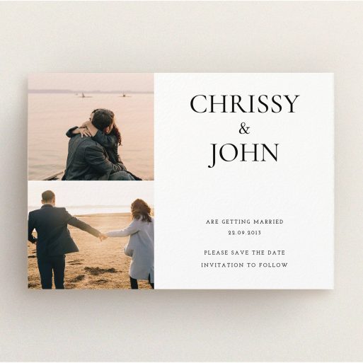 A wedding save the date named "Almost a quarter". It is an A5 save the date in a landscape orientation. It is a photographic wedding save the date with room for 2 photos. "Almost a quarter" is available as a flat save the date, with mainly white colouring.