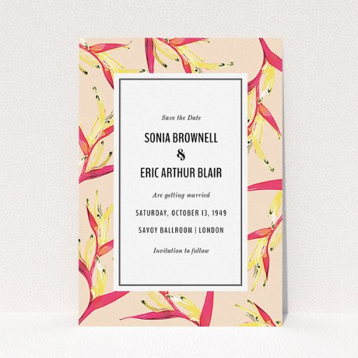 A wedding save the date design called "Birds of paradise". It is an A5 save the date in a portrait orientation. "Birds of paradise" is available as a flat save the date, with tones of dark cream and red.