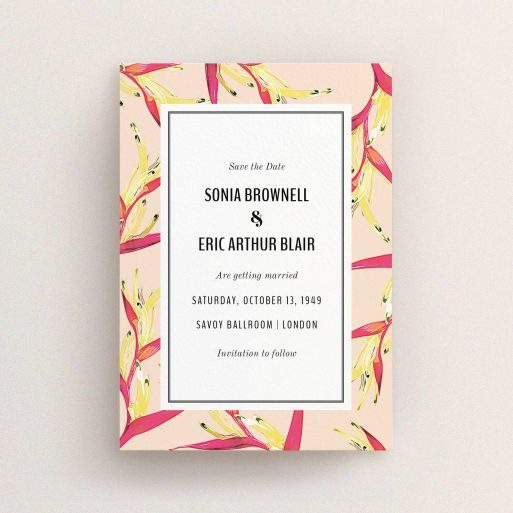 A wedding save the date called "Birds of paradise". It is an A6 save the date in a portrait orientation. "Birds of paradise" is available as a flat save the date, with tones of dark cream and red.