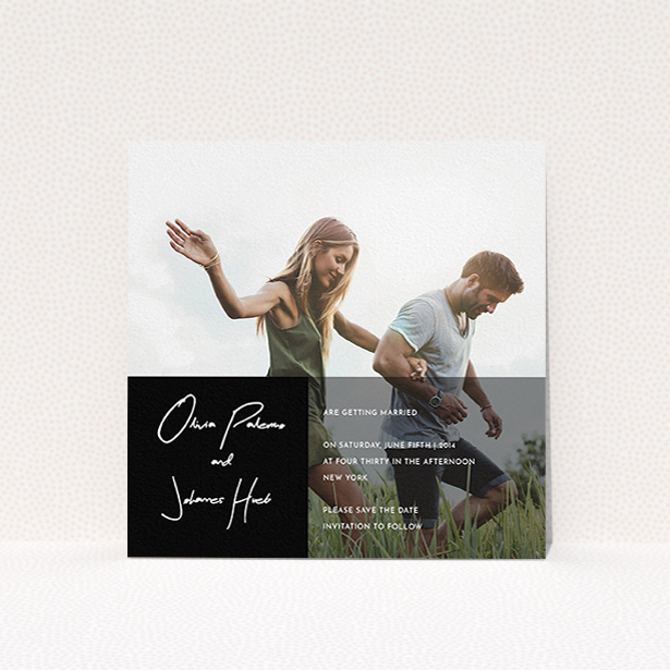 A wedding save the date called "Black on black". It is a square (148mm x 148mm) save the date in a square orientation. It is a photographic wedding save the date with room for 1 photo. "Black on black" is available as a flat save the date, with tones of black and white.