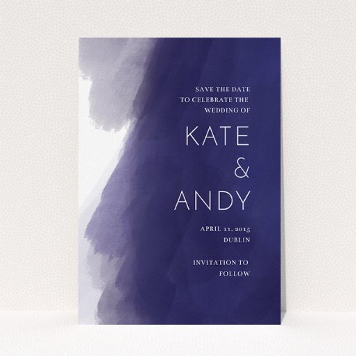 A wedding save the date named "Blue and Cream". It is an A5 save the date in a portrait orientation. "Blue and Cream" is available as a flat save the date, with tones of blue and white.