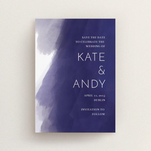 A wedding save the date design named "Blue and Cream". It is an A6 save the date in a portrait orientation. "Blue and Cream" is available as a flat save the date, with tones of blue and white.