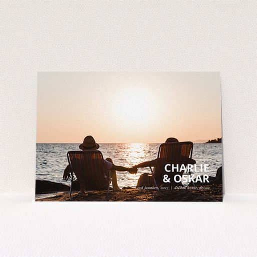 A wedding save the date design titled "Bold Corner Photo". It is an A6 save the date in a landscape orientation. It is a photographic wedding save the date with room for 1 photo. "Bold Corner Photo" is available as a flat save the date, with mainly white colouring.