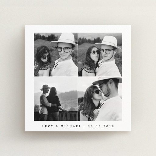 A wedding save the date card design titled "4 Quarters Classic". It is a square (148mm x 148mm) card in a square orientation. It is a photographic wedding save the date card with room for 4 photos. "4 Quarters Classic" is available as a flat card, with mainly white colouring.