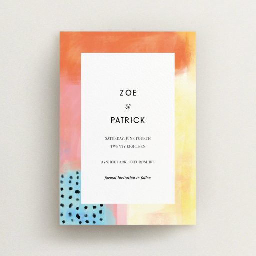 A wedding save the date card called "Abstract Colours". It is an A6 card in a portrait orientation. "Abstract Colours" is available as a flat card, with tones of orange, red and yellow.
