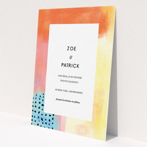 A wedding save the date card called 'Abstract Colours'. It is an A6 card in a portrait orientation. 'Abstract Colours' is available as a flat card, with tones of orange, red and yellow.