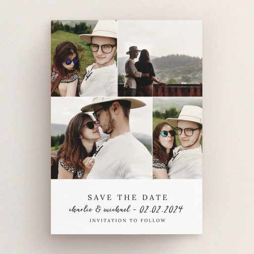 A wedding save the date card design titled "All on top". It is an A5 card in a portrait orientation. It is a photographic wedding save the date card with room for 4 photos. "All on top" is available as a flat card, with mainly white colouring.
