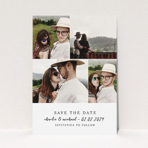 A wedding save the date card design titled "All on top". It is an A5 card in a portrait orientation. It is a photographic wedding save the date card with room for 4 photos. "All on top" is available as a flat card, with mainly white colouring.