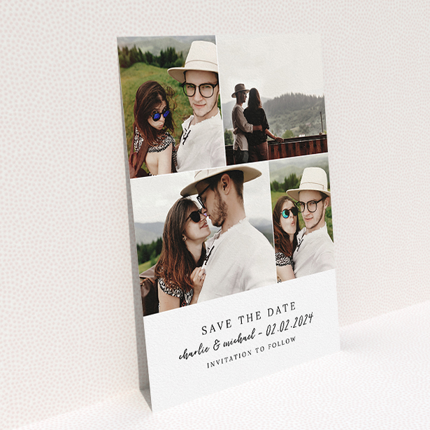 A wedding save the date card design titled "All on top". It is an A5 card in a portrait orientation. It is a photographic wedding save the date card with room for 4 photos. "All on top" is available as a flat card, with mainly white colouring.