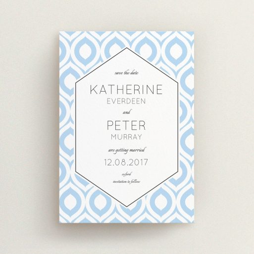 A wedding save the date card named "Arabian diamonds". It is an A6 card in a portrait orientation. "Arabian diamonds" is available as a flat card, with tones of blue and white.