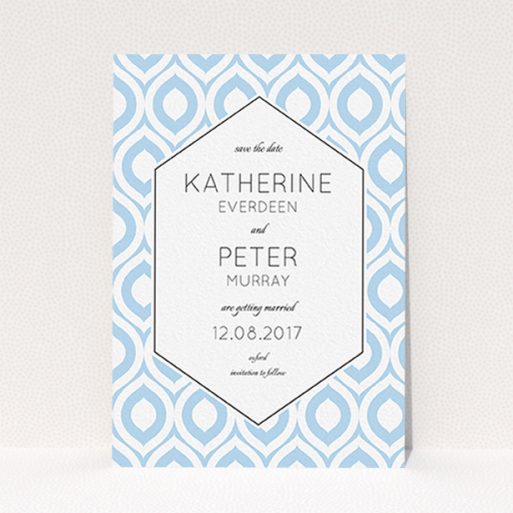 A wedding save the date card named "Arabian diamonds". It is an A6 card in a portrait orientation. "Arabian diamonds" is available as a flat card, with tones of blue and white.