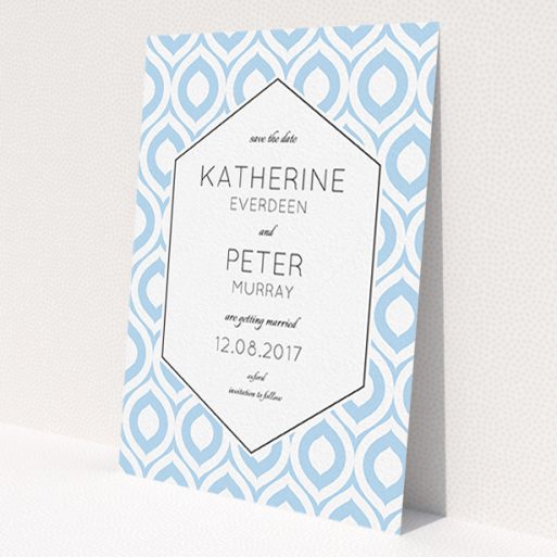 A wedding save the date card named 'Arabian diamonds'. It is an A6 card in a portrait orientation. 'Arabian diamonds' is available as a flat card, with tones of blue and white.