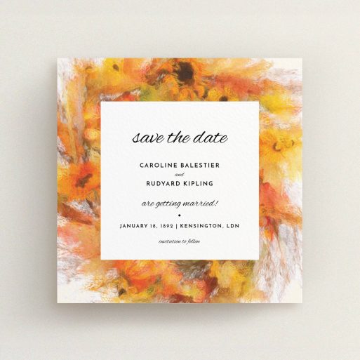 A wedding save the date card template titled "Autumn wreath ". It is a square (148mm x 148mm) card in a square orientation. "Autumn wreath " is available as a flat card, with tones of orange and yellow.
