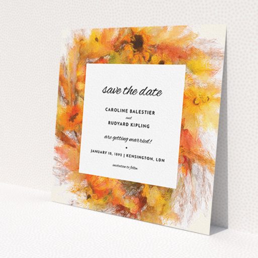 A wedding save the date card template titled 'Autumn wreath '. It is a square (148mm x 148mm) card in a square orientation. 'Autumn wreath ' is available as a flat card, with tones of orange and yellow.