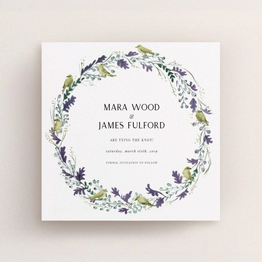A wedding save the date card design titled "Birdsong". It is a square (148mm x 148mm) card in a square orientation. "Birdsong" is available as a flat card, with tones of off-white and dark green.