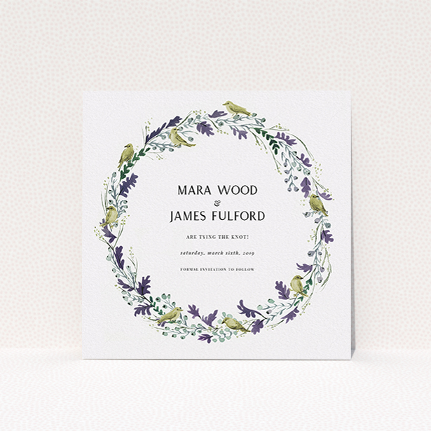 A wedding save the date card design titled "Birdsong". It is a square (148mm x 148mm) card in a square orientation. "Birdsong" is available as a flat card, with tones of off-white and dark green.