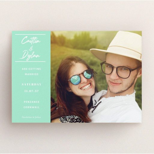 A wedding save the date card template titled "Bit on the side". It is an A5 card in a landscape orientation. It is a photographic wedding save the date card with room for 1 photo. "Bit on the side" is available as a flat card, with tones of green and white.