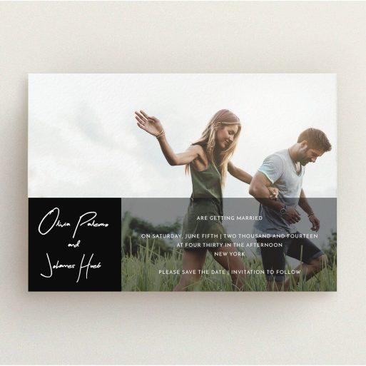 A wedding save the date card design called "Black on black". It is an A5 card in a landscape orientation. It is a photographic wedding save the date card with room for 1 photo. "Black on black" is available as a flat card, with tones of black and white.