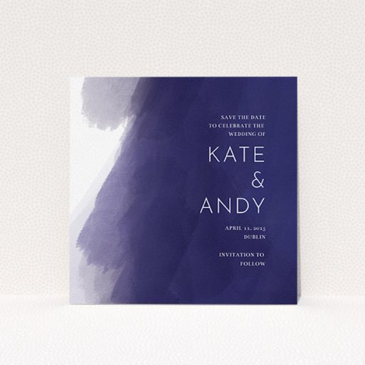 A wedding save the date card called "Blue and Cream". It is a square (148mm x 148mm) card in a square orientation. "Blue and Cream" is available as a flat card, with tones of blue and white.