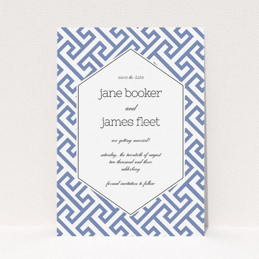 A wedding save the date card called "Blue and white maze". It is an A5 card in a portrait orientation. "Blue and white maze" is available as a flat card, with tones of blue and white.