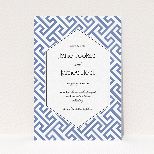 A wedding save the date card called "Blue and white maze". It is an A5 card in a portrait orientation. "Blue and white maze" is available as a flat card, with tones of blue and white.