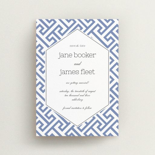 A wedding save the date card design called "Blue and white maze". It is an A6 card in a portrait orientation. "Blue and white maze" is available as a flat card, with tones of blue and white.