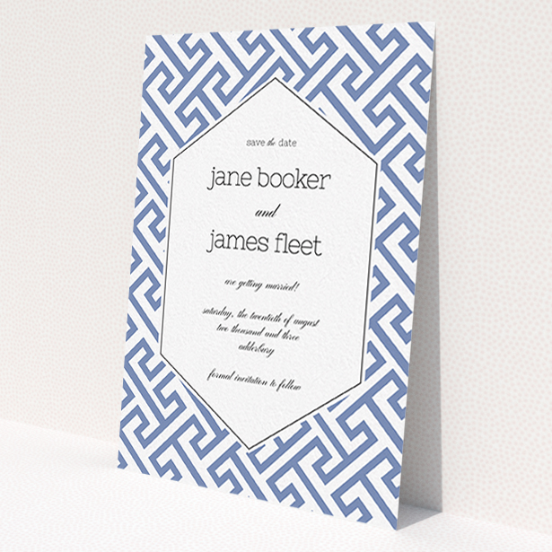 A wedding save the date card design called "Blue and white maze". It is an A6 card in a portrait orientation. "Blue and white maze" is available as a flat card, with tones of blue and white.