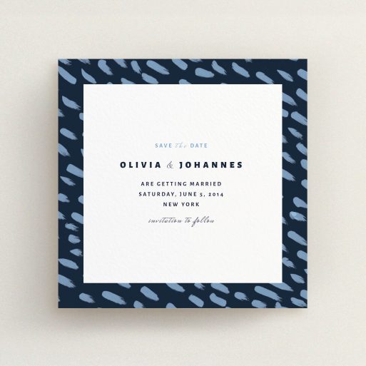 A wedding save the date card template titled "Blue strokes". It is a square (148mm x 148mm) card in a square orientation. "Blue strokes" is available as a flat card, with tones of blue and white.