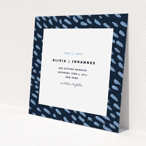 A wedding save the date card template titled 'Blue strokes'. It is a square (148mm x 148mm) card in a square orientation. 'Blue strokes' is available as a flat card, with tones of blue and white.