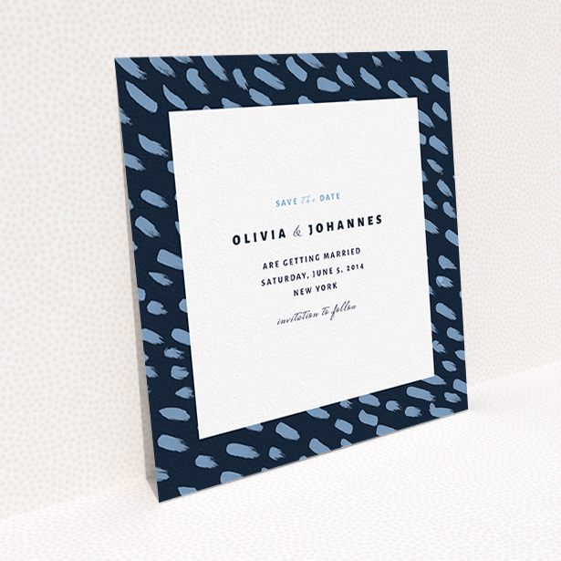 A wedding save the date card template titled "Blue strokes". It is a square (148mm x 148mm) card in a square orientation. "Blue strokes" is available as a flat card, with tones of blue and white.