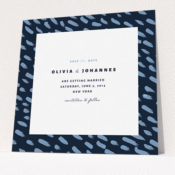 A wedding save the date card template titled "Blue strokes". It is a square (148mm x 148mm) card in a square orientation. "Blue strokes" is available as a flat card, with tones of blue and white.