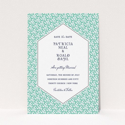 A wedding save the date card template titled "Born in the 80s". It is an A5 card in a portrait orientation. "Born in the 80s" is available as a flat card, with tones of green and white.