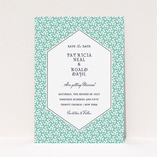 A wedding save the date card template titled "Born in the 80s". It is an A5 card in a portrait orientation. "Born in the 80s" is available as a flat card, with tones of green and white.