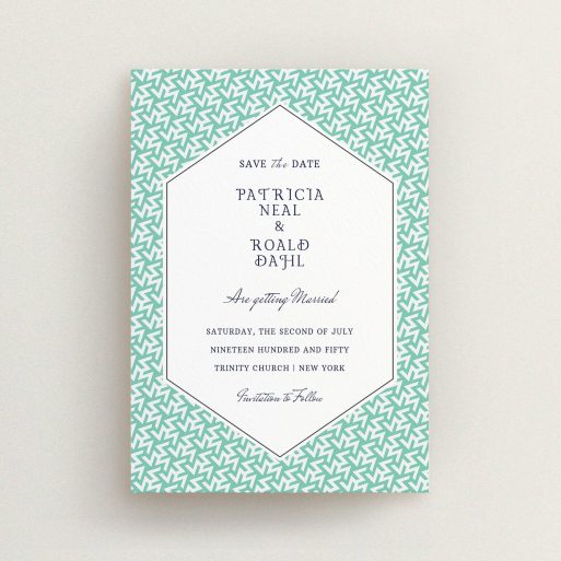 A wedding save the date card design titled "Born in the 80s". It is an A6 card in a portrait orientation. "Born in the 80s" is available as a flat card, with tones of green and white.