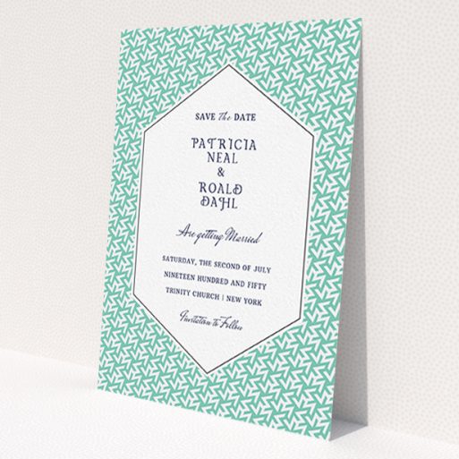 A wedding save the date card design titled 'Born in the 80s'. It is an A6 card in a portrait orientation. 'Born in the 80s' is available as a flat card, with tones of green and white.
