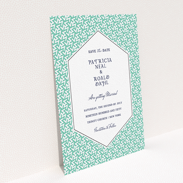 A wedding save the date card design titled "Born in the 80s". It is an A6 card in a portrait orientation. "Born in the 80s" is available as a flat card, with tones of green and white.