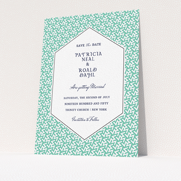 A wedding save the date card design titled "Born in the 80s". It is an A6 card in a portrait orientation. "Born in the 80s" is available as a flat card, with tones of green and white.
