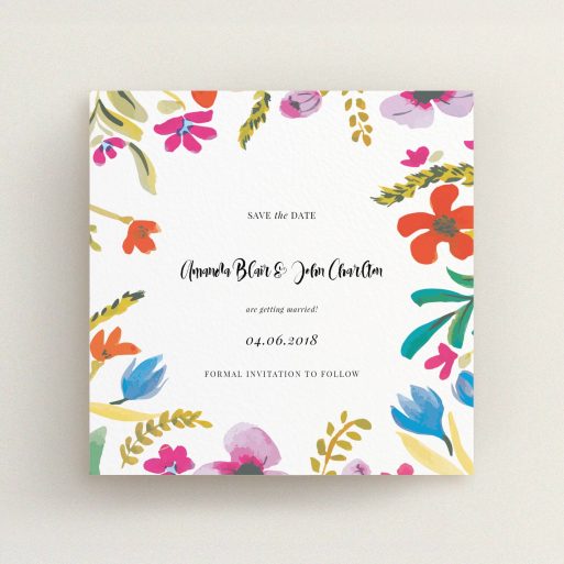 A wedding save the date card named "Botanical Pop". It is a square (148mm x 148mm) card in a square orientation. "Botanical Pop" is available as a flat card, with tones of white and red.