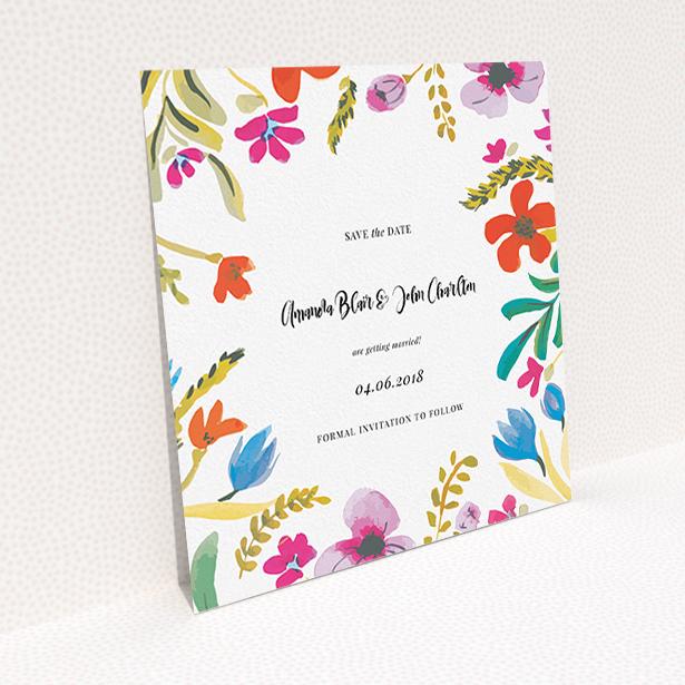 A wedding save the date card named "Botanical Pop". It is a square (148mm x 148mm) card in a square orientation. "Botanical Pop" is available as a flat card, with tones of white and red.