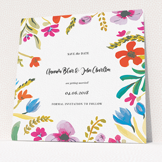 A wedding save the date card named "Botanical Pop". It is a square (148mm x 148mm) card in a square orientation. "Botanical Pop" is available as a flat card, with tones of white and red.