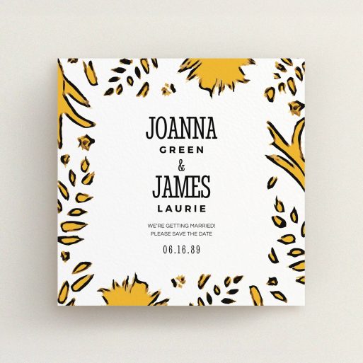 A wedding save the date card design named "Botanical tiger". It is a square (148mm x 148mm) card in a square orientation. "Botanical tiger" is available as a flat card, with mainly orange colouring.