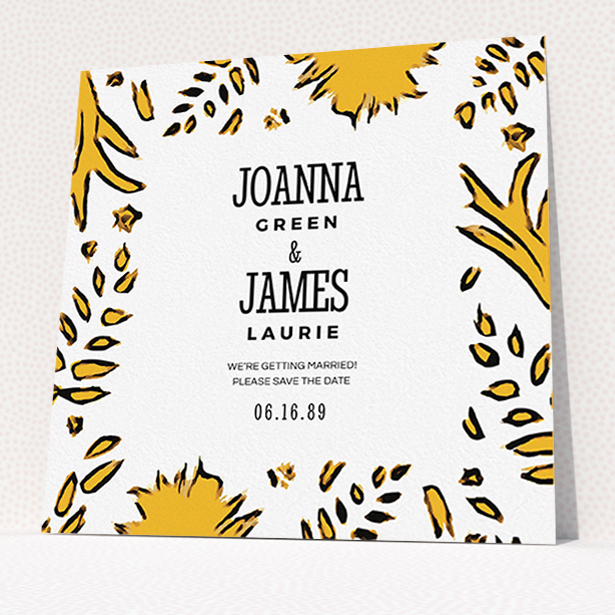 A wedding save the date card design named "Botanical tiger". It is a square (148mm x 148mm) card in a square orientation. "Botanical tiger" is available as a flat card, with mainly orange colouring.