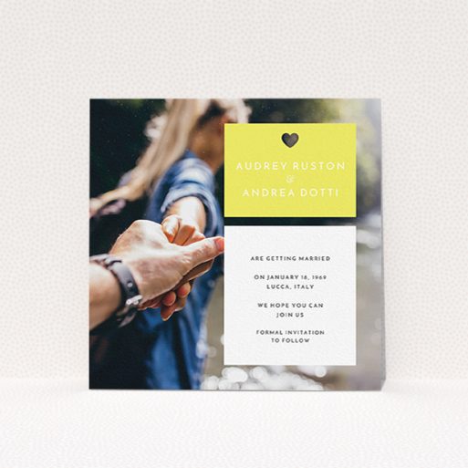 A wedding save the date card named "Boxed In". It is a square (148mm x 148mm) card in a square orientation. It is a photographic wedding save the date card with room for 1 photo. "Boxed In" is available as a flat card, with mainly yellow colouring.