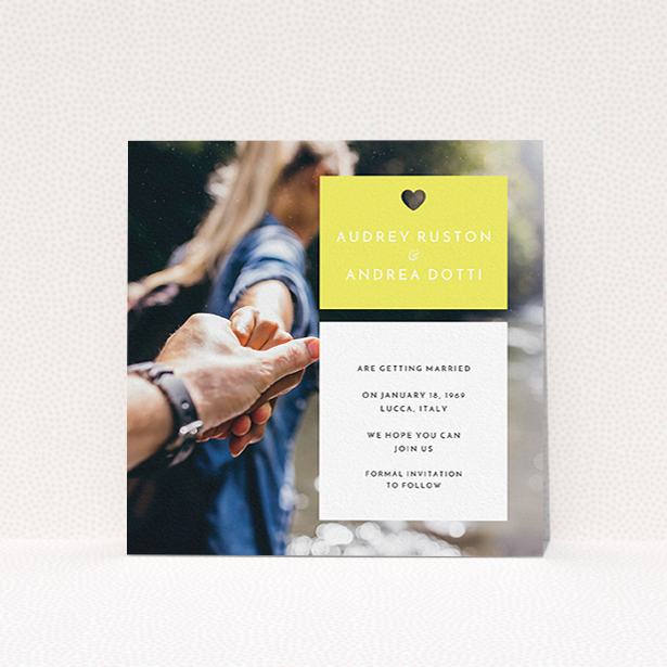 A wedding save the date card named "Boxed In". It is a square (148mm x 148mm) card in a square orientation. It is a photographic wedding save the date card with room for 1 photo. "Boxed In" is available as a flat card, with mainly yellow colouring.
