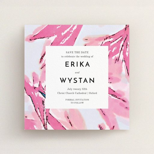 A wedding save the date card design titled "By the river bank". It is a square (148mm x 148mm) card in a square orientation. "By the river bank" is available as a flat card, with tones of vibrant pink and green.