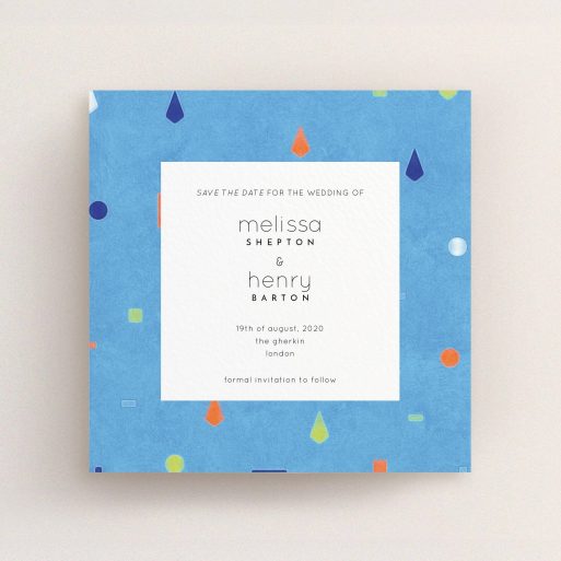 A wedding save the date card design called "Capri". It is a square (148mm x 148mm) card in a square orientation. "Capri" is available as a flat card, with tones of light blue and orange.