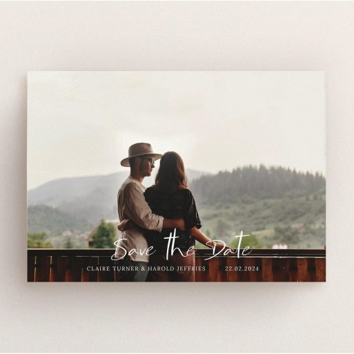 A wedding save the date card named "Central Script". It is an A5 card in a landscape orientation. It is a photographic wedding save the date card with room for 1 photo. "Central Script" is available as a flat card, with mainly white colouring.