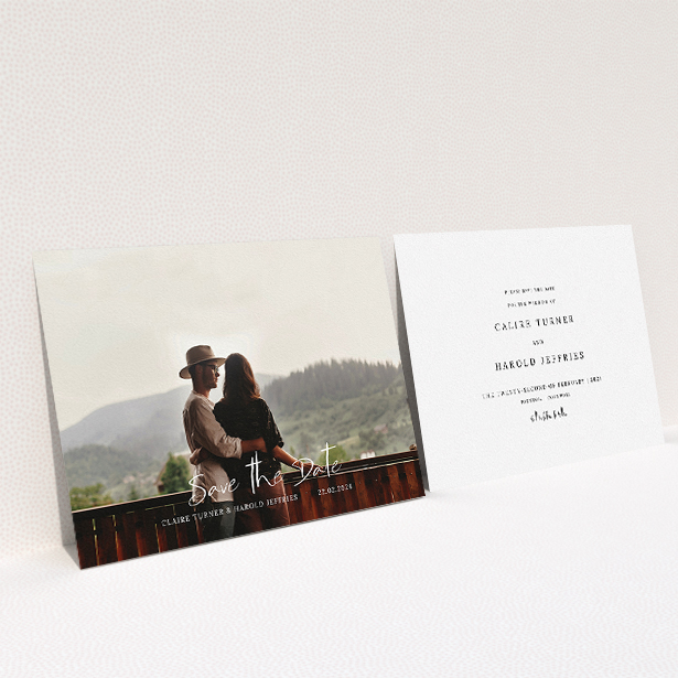A wedding save the date card named "Central Script". It is an A5 card in a landscape orientation. It is a photographic wedding save the date card with room for 1 photo. "Central Script" is available as a flat card, with mainly white colouring.
